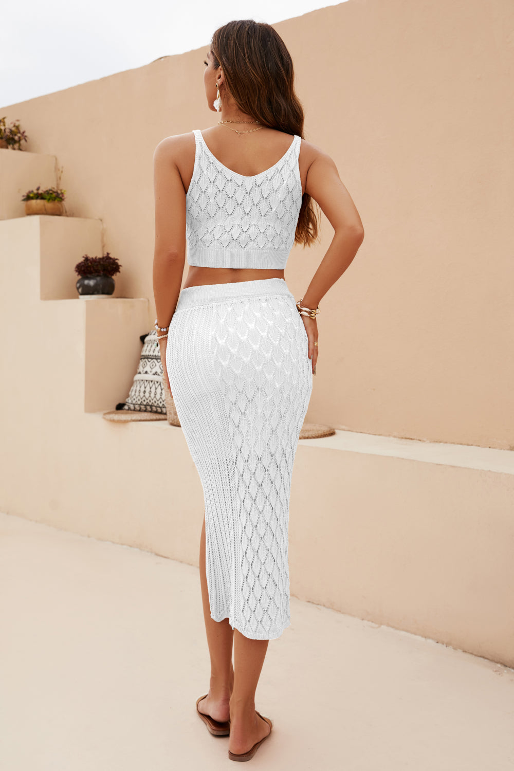 Openwork Cropped Tank and Split Skirt Set