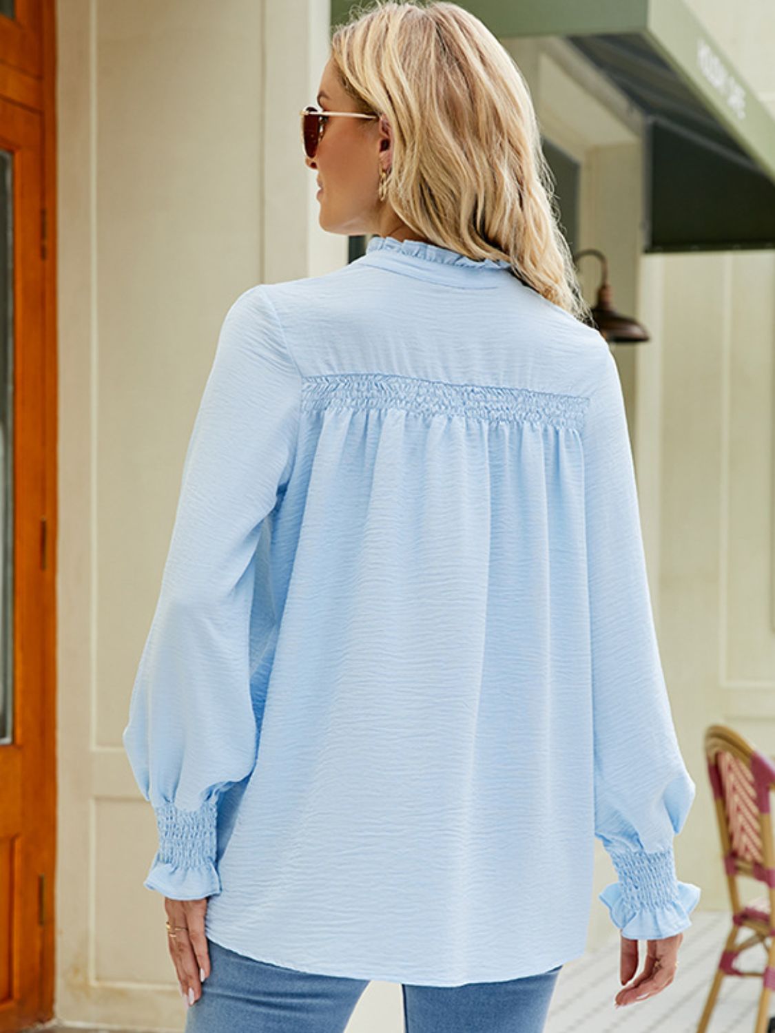 Notched Neck Button-UP Smocked Flounce Sleeve Blouse