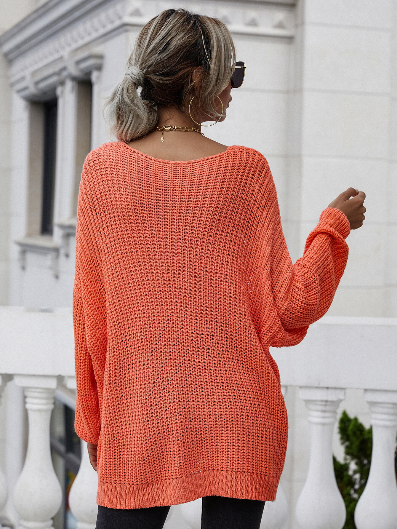 Rib-Knit Drop Shoulder V-Neck Pullover Sweater