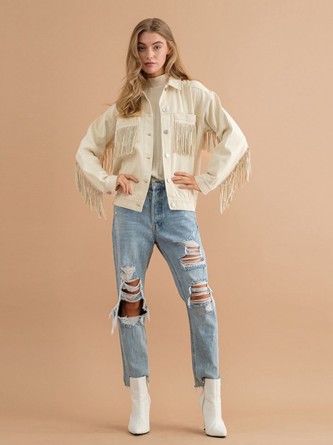 Fringe Detail Dropped Shoulder Denim Jacket