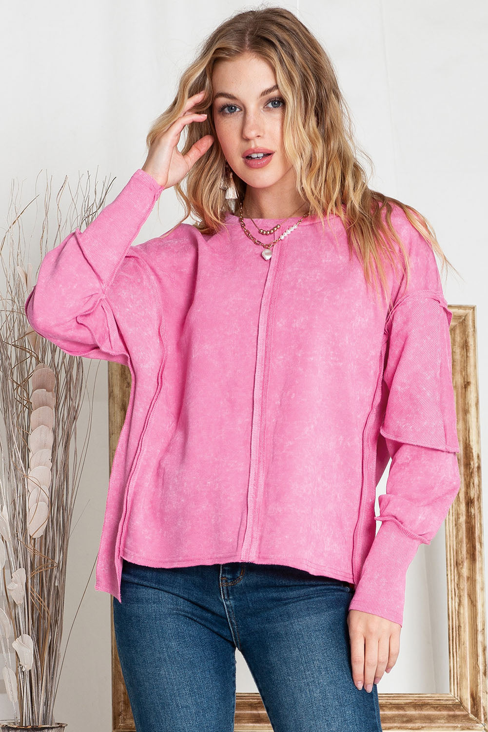 Exposed Seams Round Neck Dropped Shoulder Sweatshirt