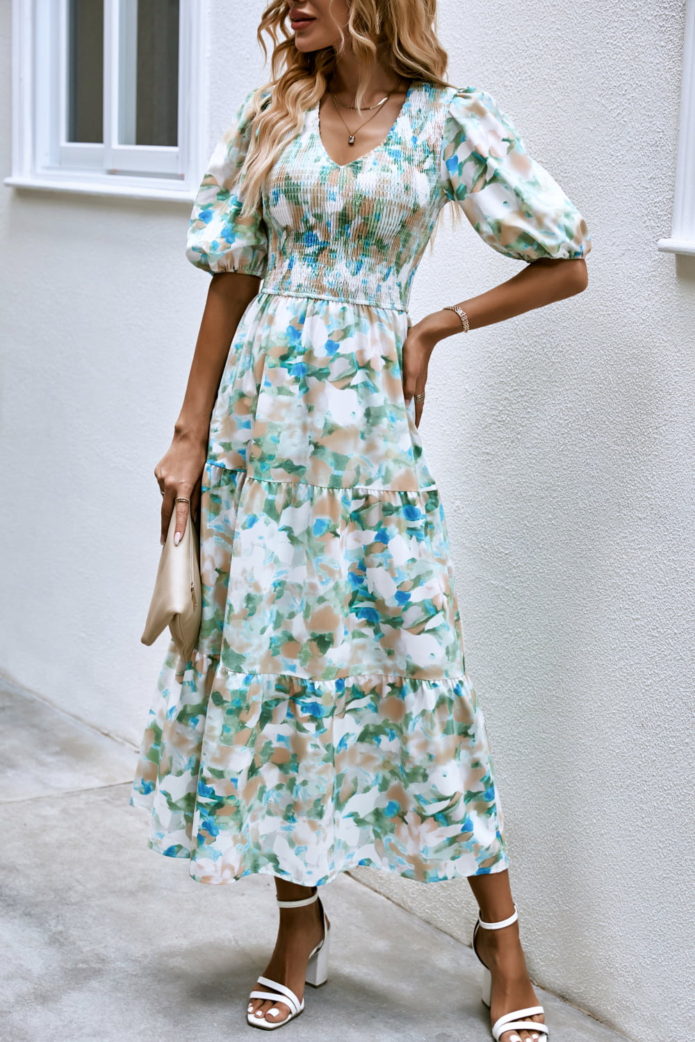 V-Neck Balloon Sleeve Smocked Midi Dress