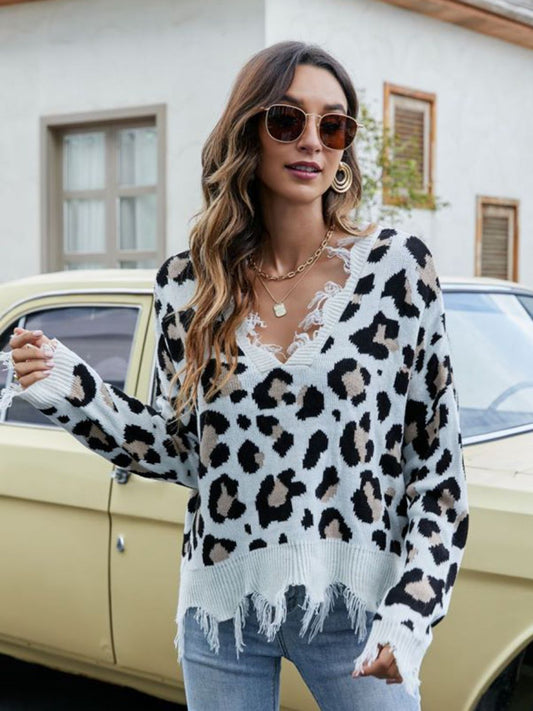 Animal Print Distressed V-Neck Drop Shoulder Sweater