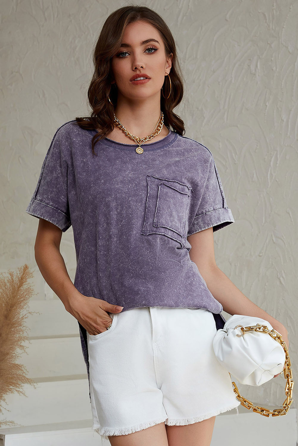 Mineral Wash Round Neck Short Sleeve Blouse