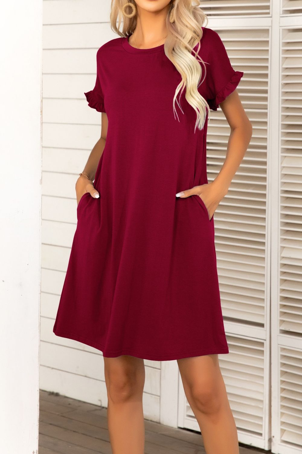 Flounce Sleeve Round Neck Dress with Pockets