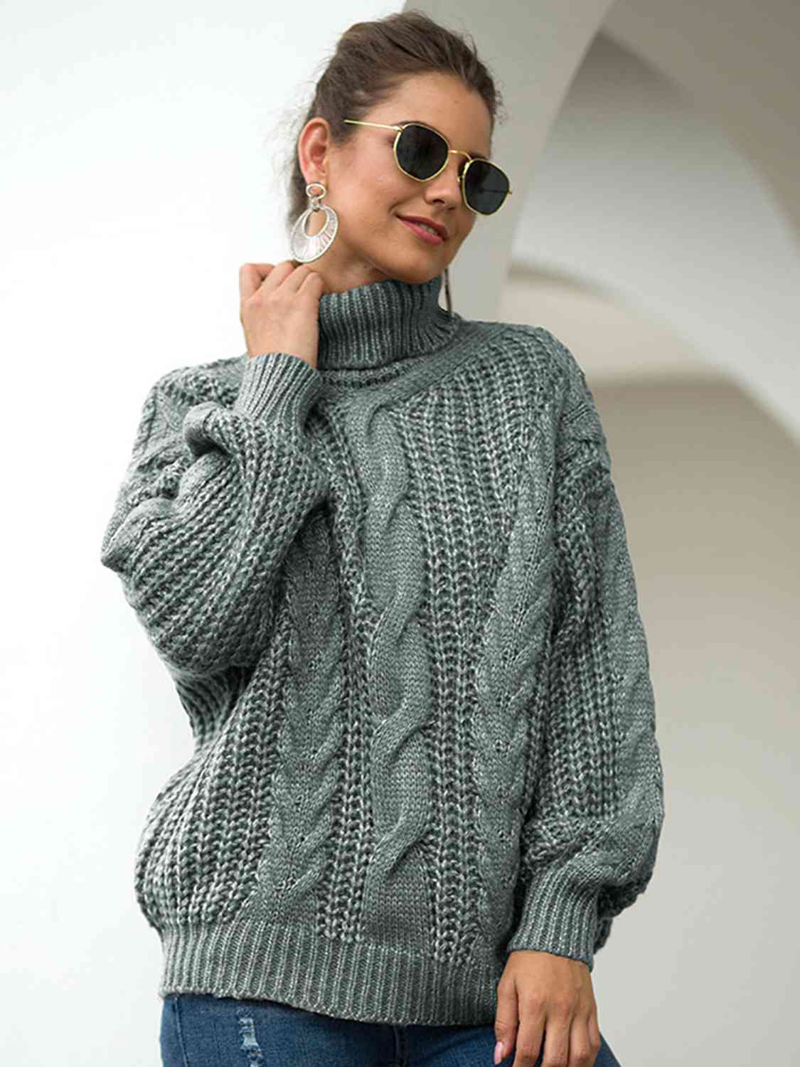 Turtleneck Cable-Knit Dropped Shoulder Sweater