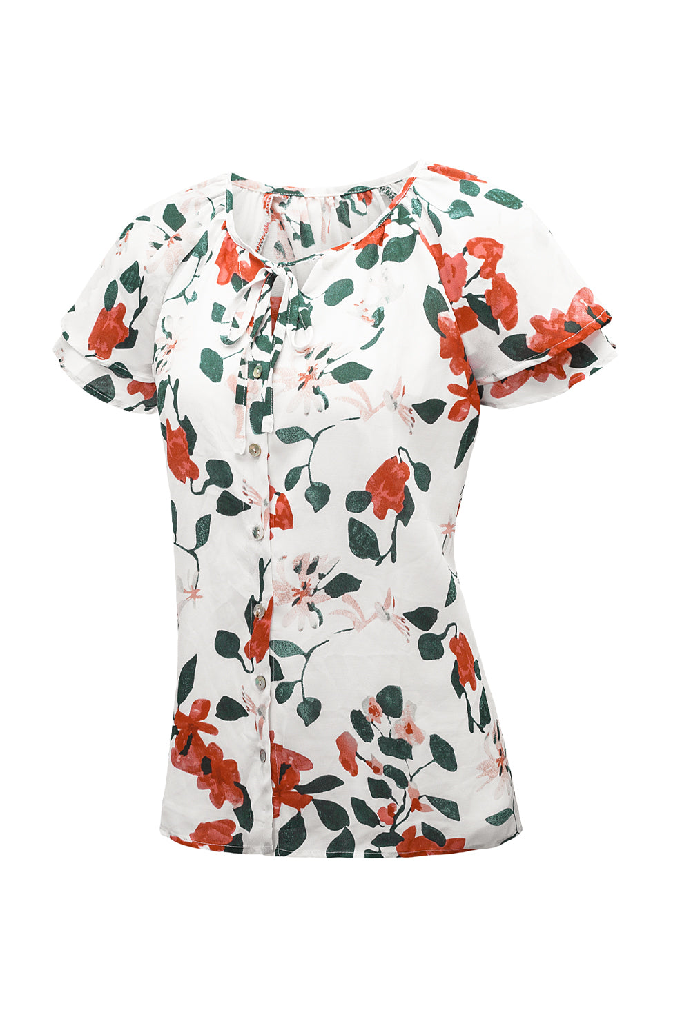 Floral Tie Neck Short Sleeve Shirt