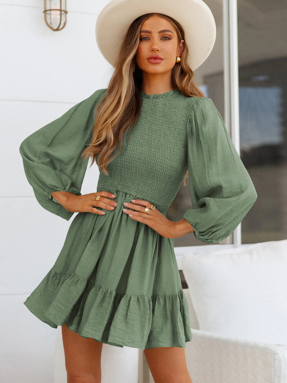 Round Neck Puff Sleeve Smocked Dress