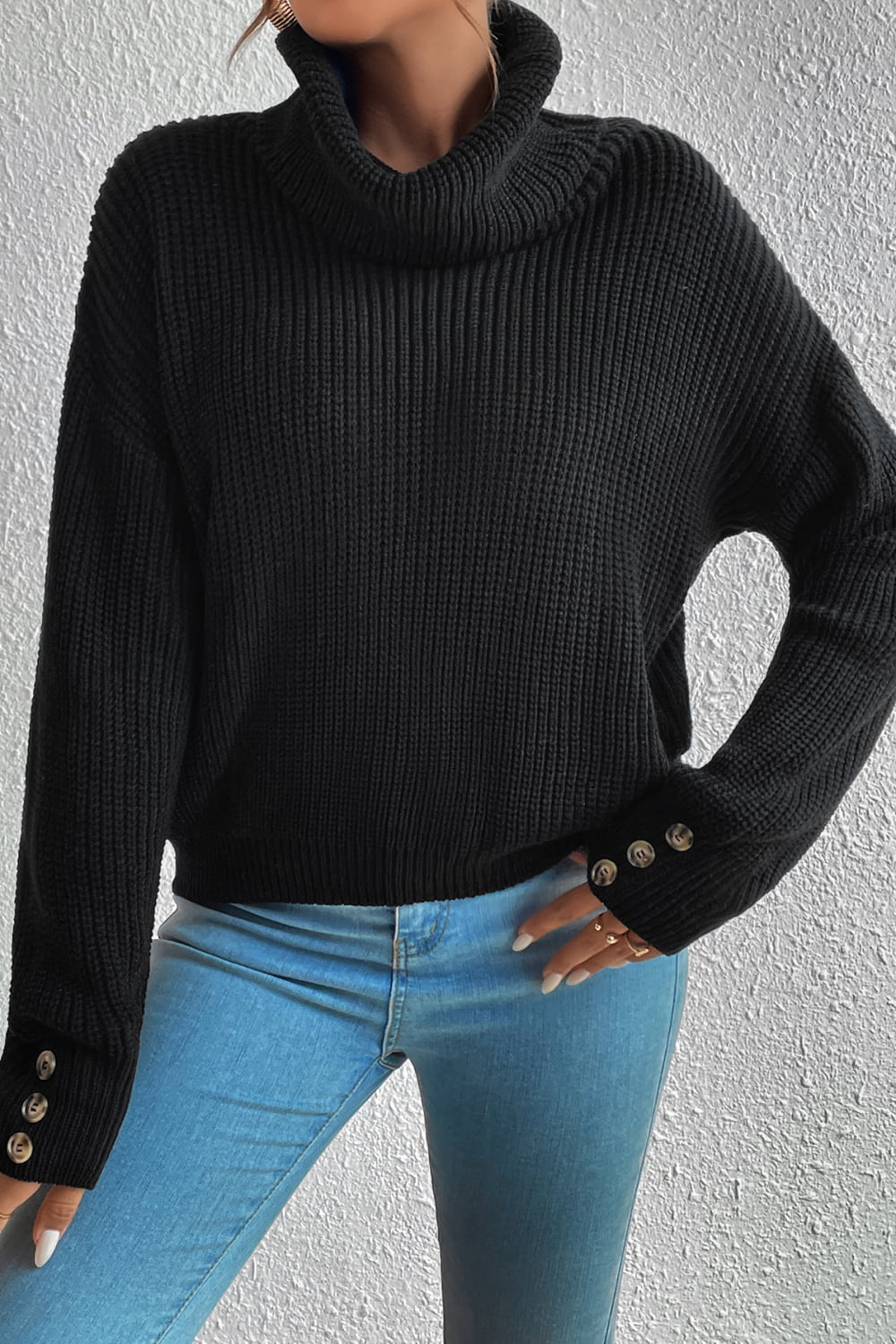 Decorative Button Turtleneck Dropped Shoulder Sweater