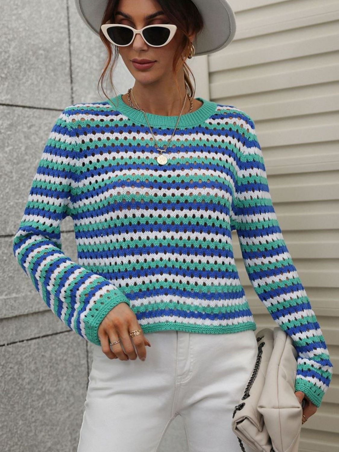 Striped Openwork Long-Sleeve Knit Pullover